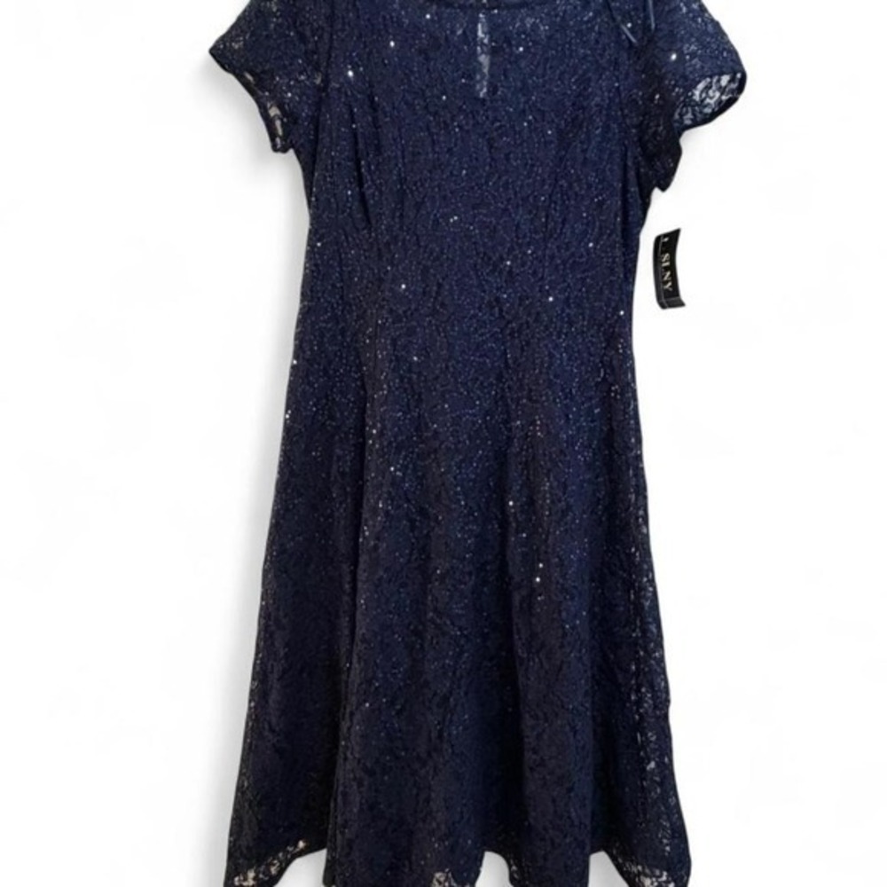 SLNY Fashions Navy Blue A-Line Silhouette Lace Sequin Midi Dress, Size 14 *NWT*